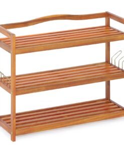 Solid Acacia Wood Shoe Rack Shelf with Side Metal Hooks-3-Tier