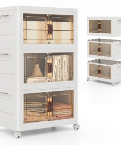 Folding 3 Pack PP 157 L Stackable Storage Bins with Lockable Wheels-White