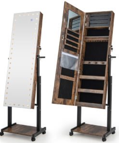 Lockable Jewelry Armoire Organizer with 3-Color Dimmable LED Full-Length Mirror-Brown