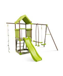 7-in-1 Swing Set Outdoor Metal Playset with Covered Fort-Green