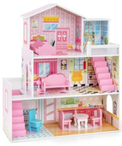 Kids Wooden Dollhouse DIY Pretend for Toddlers 3-7 Years Old-Pink