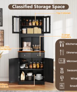 Tall Kitchen Pantry Cabinet with Wood Countertop and Adjustable Shelves-Black