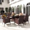 Outsunny 6 Seater Rattan Dining Set with Cushions, Rattan Garden Furniture Set with 6 Armchairs, Rectangular Glass Top Table, Outdoor Dining Table and Chairs, Brown