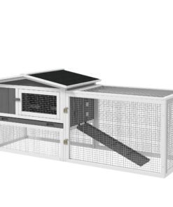 PawHut Rabbit Hutch with Run Wooden Guinea Pig Hutch Outdoor Bunny Cage Hide House with Sliding Tray, Hay Rack, Ramp, 156 x 58 x 68cm, Grey