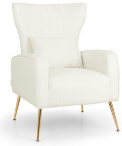Velvet Upholstered Wingback Chair with Lumbar Pillow and Golden Metal Legs-White