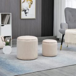 HOMCOM Set of 2 Round Ottoman with Storage, Fabric Vanity Stool for Makeup, Footrest Stool with Removable Lid for Living Room & Bedroom, Cream White