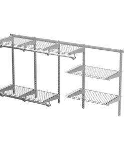 Wall-Mounted Closet Organizer System with Wire Shelving and Cloth Rods-Grey
