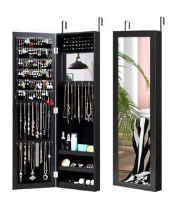 Wall Mounted Jewelry Armoire with Built-in Mirror and 3 Shelves -Black