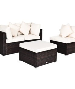 4 Pieces Outdoor Rattan  Conversation Set with Removable Cushions and Pillows-White