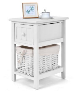 2 Tiers Wood Nightstand with 1 Drawer and 1 Baskets for Home-White