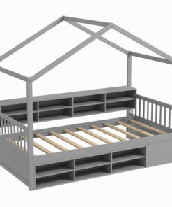 Wooden Single Size House Bed with Roof and 14 Storage Cubes-Grey