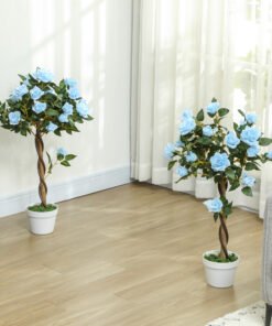 Outsunny Set of 2 Artificial Plants White Rose Floral in Pot, Fake Plants for Home Indoor Decor, 90cm, Light Blue