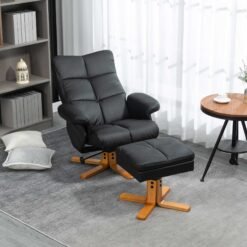 HOMCOM PU Leather Swivel Recliner Chair with Footstool, Wooden Base and Storage for Living Room, Black