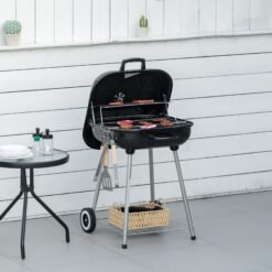 Outsunny Portable BBQ Charcoal Grill with 2 Wheels and Cooking Utensils, Smoker Grill with Lid for Outdoor Barbecues, Camping, Picnic, Courtyard