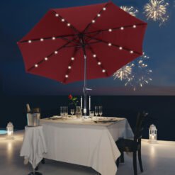 Outsunny ?2.7m Garden 24 LED Light Parasol Solar Outdoor Tilt Sun Umbrella Patio Club Party Event Manual Sun Shade w/ Hand Crank and 8 Ribs, Red