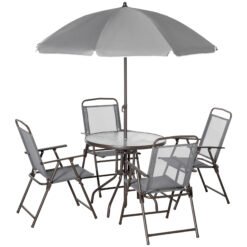 Outsunny 6 Piece Garden Dining Set with Umbrella, Outdoor Dining Sets with Parasol, 4 Folding Dining Chairs & Round Tempered Glass Table, Grey