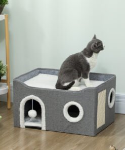 PawHut Cat Bed for Indoor Pets, Foldable Cat House with Fluffy Ball and Scratch Pad for Small and Medium Pets, Grey