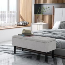 HOMCOM 57L Storage Ottoman, End of Bed Bench with Wooden Legs, Fabric Footstool for Living Room, Bedroom, 95 x 38 x 45cm, Grey