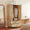 HOMCOM 2 Door Wardrobe, Modern Wardrobe with 2 Drawer and Hanging Rail for Bedroom, Natural