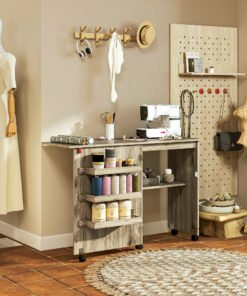 HOMCOM Folding Sewing Table, Drop Leaf Craft Table with Storage Bins, Open Shelf and Wheels, Rolling Sewing Machine Cabinet Computer Desk for Small Space, Grey