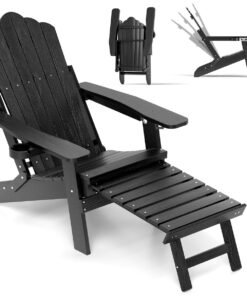All-Weather HIPS Lounge Patio Adirondack Chair with Retractable Footrest-Black