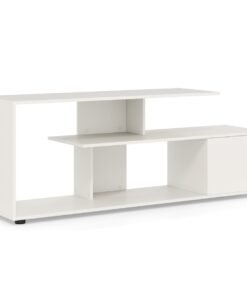 3-Tier Asymmetrical Media Console Table with Storage Shelves and Cabinet-White