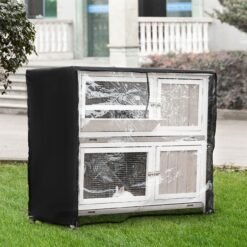 PawHut Wooden Pet Hutch, Two-Tier Cage with Rain Cover, Wheels, White