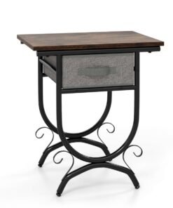 2-Tier Industrial Bedside Table with Fabric Drawer and Wood Top