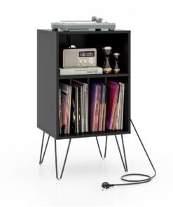 3-Tier Record Player Stand with Charging Station Shelf and 4 Dividers-Black
