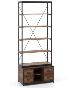 8-tier Bookshelf with Storage and 4 Fabric Drawers -Rustic Brown