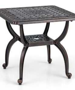 53 cm Cast Aluminum Outdoor Side Table with Hollow-carved Floral Pattern for Garden Porch-Rustic Brown