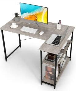 L-Shaped Corner Computer Desk with Reversible and Adjustable Bookshelf-Grey
