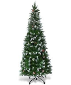 Snow-Flocked Pencil Hinged Artificial Christmas Tree with Pine Cones-5FT