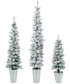 Slim Pencil Snow-Flocked Christmas Trees with Silver Metal Buckets