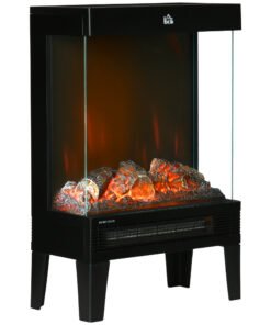 HOMCOM 180° Charming Electric Fireplace Heater, Quiet Freestanding Stove with LED Flame Effect, Level-less Temperature Control, Overheating Protection, 1000W/2000W, Black