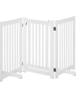 PawHutPet Gates MDF Freestanding Expandable Dog Gate Wood Doorway Pet Barrier Fence w/ Latched Door White