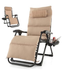 Adjustable Metal Zero Gravity Lounge Chair with Cup Holder Tray-Beige
