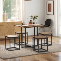 HOMCOM 5 Piece Dining Table and Chairs Set 4, Industrial Space Saving Table and Chairs with Metal Frame, Square Kitchen Table and Stools for Dining Room, Brown