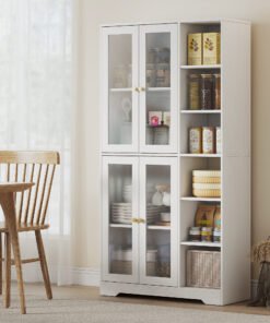 HOMCOM Multi-Storage Kitchen Cabinet, with Glass Doors - White Wood-Effect