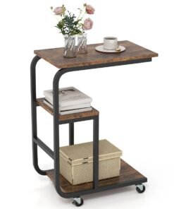 C-shaped End Table Space-saving Couch Table with Open Shelves-Rustic Brown