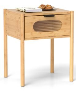 Farmhouse Bedside Table with Tempered Glass Decorated Drawer-Natural