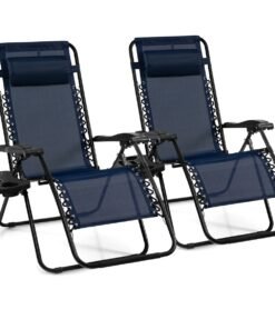 Folding Patio Recliners with Removable Headrest and Cup Holder Set of 2-Navy