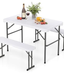 Folding Picnic Table Bench Set with Wood Grain HDPE Tabletop-White