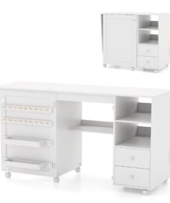 Folding Sewing Table with Charging Station and Storage Shelves-White