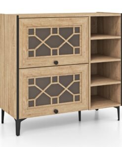 Freestanding Shoe Organizer with Flip Doors Adjustable Shelves-Oak