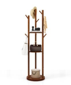 Freestanding Wooden Coat Rack Stand with 3 Display Storage Shelves and 9 Hooks
