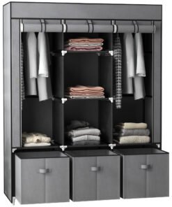 HOMCOM Fabric Wardrobe for Bedroom, Portable Wardrobe with 5 Shelves, 2 Hanging Rails and 3 Fabric Drawers, Foldable Closet, 125 x 43 x 162.5cm, Dark Grey