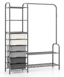 Heavy Duty Clothes Rack with 6 Removable Drawers and 3-Tier Open Shelves-Grey