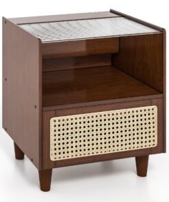 Bamboo Rattan Nightstand with Drawer and Solid Wood Legs for Bedroom Living Room-Brown