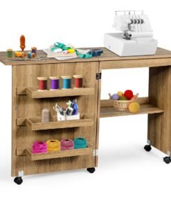Folding Sewing Table with Storage Shelves and Lockable Casters-Natural